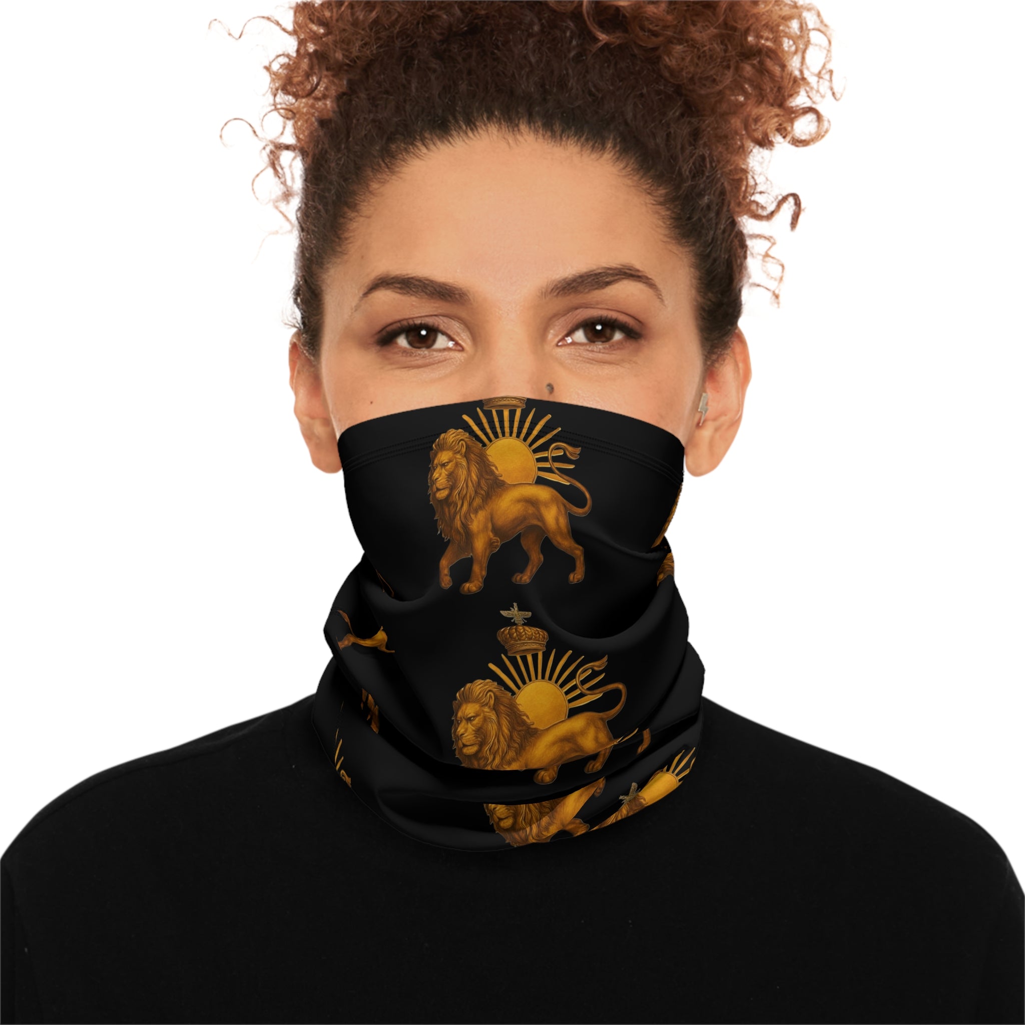 Lion Emblem Winter Neck Gaiter with Drawstring — Warm Black Face Scarf